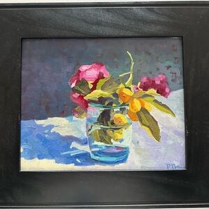 Still Life Floral Painting in Glass Vase - Pink & Yellow Blooms